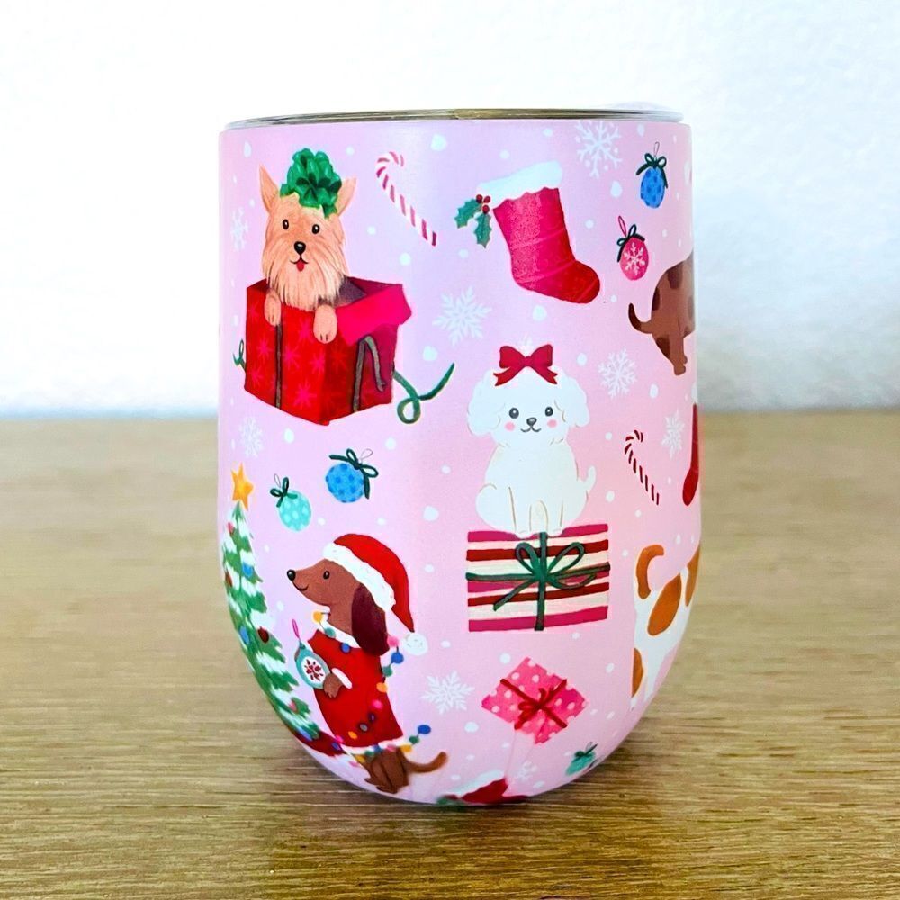 Christmas Dogs Pink Holiday Clementine Wine Glass Tumbler Mug
